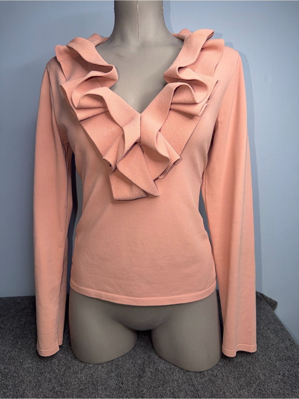 Valentino Peach Ruffle V-Neck Long Sleeve Top